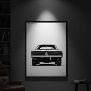 Póster del Dodge Charger | Arte mural de un muscle car clásico americano | Lámina del Dodge Charger negro | Decoración de coches clásicos | Regalo para fans de los muscle cars