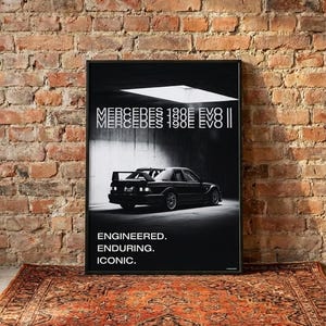 Póster del Mercedes 190E EVO II: Póster de coche alemán brutalista. Arte mural cinematográfico (descarga digital).