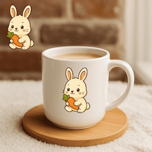 Peut inclure: Une tasse en céramique blanche avec un lapin de dessin animé tenant une carotte. La tasse est posée sur un dessous de verre en bois, avec un petit dessin de lapin en haut à gauche. La tasse contient un liquide brun clair.