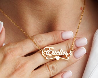 Personalized Heart Name Necklace with Wings, Angel Wings Necklace, Memorial Remembrance Gift, Guardian Angel