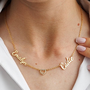 Two Names Necklace with Heart – Personalized Couple Name Necklace With Heart, 2 Name Necklace Gift for Mom, Gift for Wife, Mom of Two