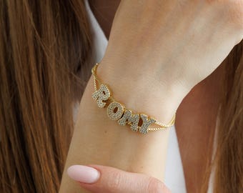 Personalized Gold Plated Cubic Zirconia Bubble Name Bracelet, Custom Name Bracelet for Women, Birthday Gift for Her, Dainty Jewelry
