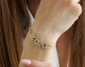 Personalized Gold Plated Cubic Zirconia Bubble Name Bracelet, Custom Name Bracelet for Women, Birthday Gift for Her, Dainty Jewelry