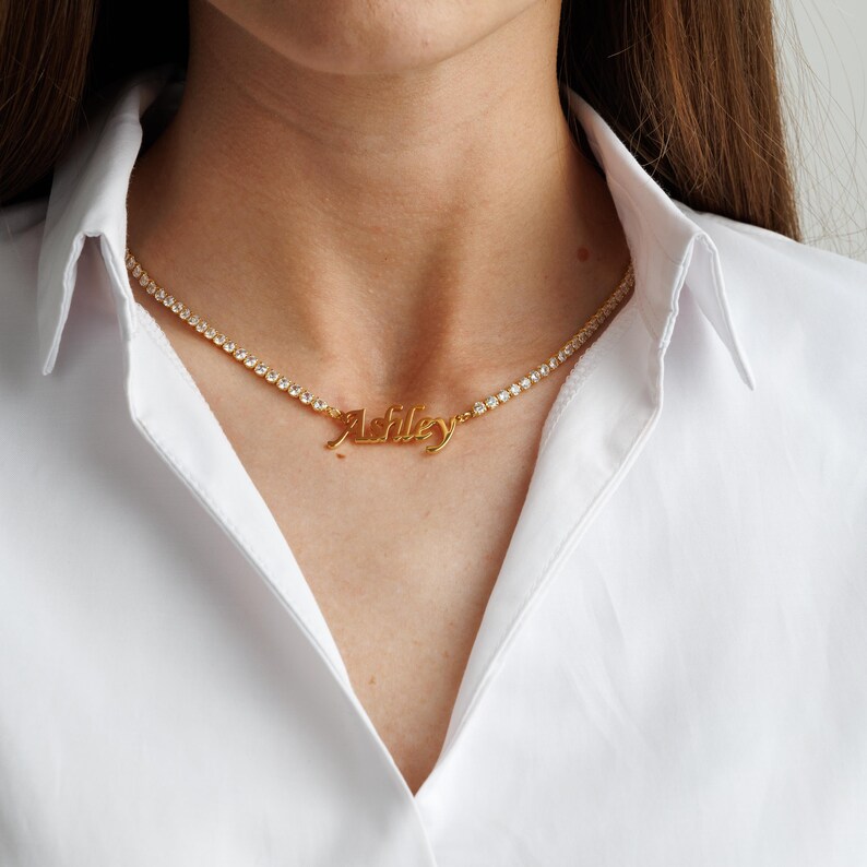 Gepersonaliseerde tennisketting naamketting, aangepast gouden naamplaatje CZ diamant tennischoker, sierlijke naamketting cadeau voor haar, bruids afbeelding 9