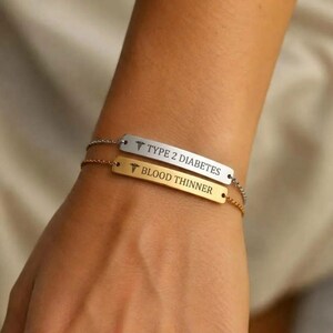 Personalized Medical ID Bracelet Women, Engraved Bar, Stainless Steel Alert Jewelry