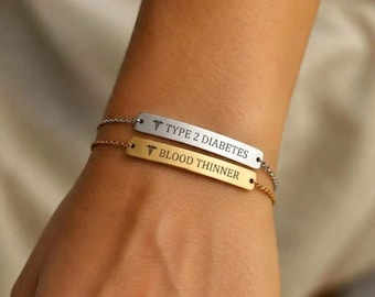 Personalized Medical ID Bracelet Women, Engraved Bar, Stainless Steel Alert Jewelry