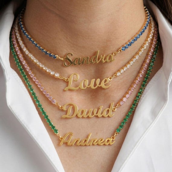 Personalized Tennis Chain Name Necklace, Custom Gold Script Nameplate CZ Diamond Tennis Choker, Dainty Name Necklace Gift for Her, Bridal