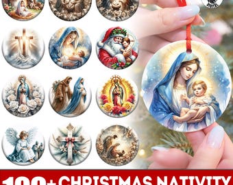Puede incluir: Una colección de adornos navideños con imágenes religiosas de la Natividad. Los adornos redondos presentan imágenes del Nacimiento, la Virgen María y Papá Noel. El texto en la parte inferior dice "100+ CHRISTMAS NATIVITY ORNAMENTS DESIGN."