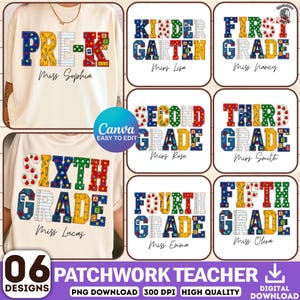 May include: A collection of six white t-shirt designs featuring colourful, patterned block letters spelling out grade levels from Pre-K to Sixth Grade. Each design includes school-themed graphics like apples, pencils, and rulers, with customisable teacher names written in a black script font.