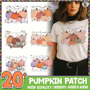 May include: A white t-shirt featuring a graphic of various colored pumpkins and the text Take me the pumpkin patch. The design includes shades of orange, pink, purple, and green pumpkins arranged with floral accents and small decorative elements.
