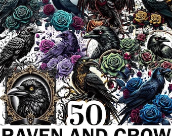 Raven And Crow Clipart Bundle, 50 PNG Raven And Roses, Halloween Clipart, Dark Fantasy Png, Gothic Vibes Clipart, Animal Png