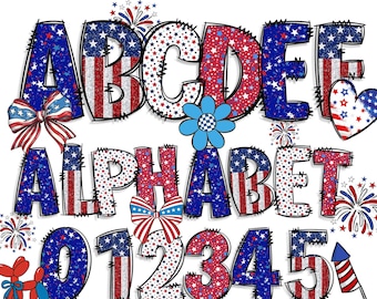 Patriotic Doodle Png Bundle, 4 PNG Flag Alphabet, 250th Anniversary Png, American Letter Png, 4th Of July Png Bundle, Red White Blue Png