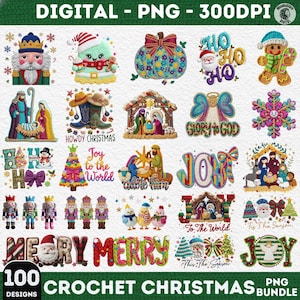 Peut inclure: Une collection numérique de 100 motifs de Noël au crochet au format PNG. Les images présentent des casse-noisettes, le Père Noël, des scènes de nativité, des bonshommes en pain d'épices, des sapins décorés, des flocons et du texte festif.