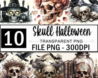 Coquette Halloween Clipart Bundle, Halloween Skull Watercolor Png Clipart, Spooky Season Clipart, Witch Png, Skeleton Clipart, 10 Png