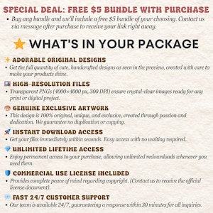 May include: An informational graphic with a textured off-white background featuring dark brown text. The header reads WHAT'S IN YOUR PACKAGE with a yellow star. It lists features including original designs, high-resolution 4000x4000 px PNG files, exclusive artwork, instant download access, lifetime access, a commercial use license, and 24/7 customer support.