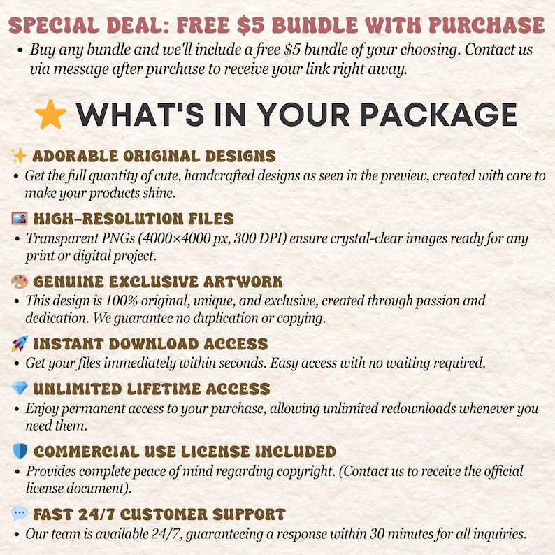 May include: An informational graphic with a textured off-white background featuring dark brown text. The header reads WHAT'S IN YOUR PACKAGE with a yellow star. It lists features including original designs, high-resolution 4000x4000 px PNG files, exclusive artwork, instant download access, lifetime access, a commercial use license, and 24/7 customer support.