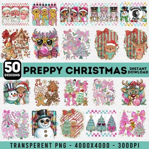 May include: A collection of 50 preppy Christmas designs in a variety of styles. The designs include Santa Claus, reindeer, gingerbread men, snowmen, Christmas trees, and bows. The designs are in pink, green, and red colors.