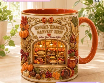Personalize Harvest Shop Thanksgiving Mug, Fall Bakery Design, Thanksgiving Pies Coffee Mug, Gather Give Thanks Gift, Autumn Farmstand