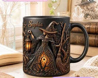 Personalized Wiccan Name Mug, Magic Lantern Style Design, 3D Fantasy Witch Coffee Mug, Halloween Event Host Gift, Wicked Sorceress Theme