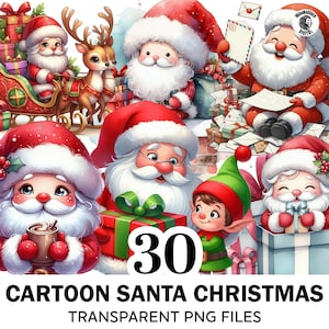30+ Watercolor Cartoon Santa Clipart, Christmas Santa Claus Png Bundle, Cute Santa Christmas Png, High Quality Clipart, Commercial Use
