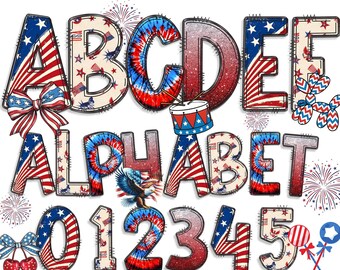 Flag Alphabet Png Bundle, 4 PNG Patriotic Doodle, 250th Anniversary Png, American Letter Png, 4th Of July Png Bundle, Red White Blue Png