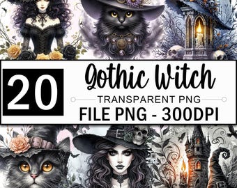 Spooky Halloween Clipart Bundle, Gothic Witch Png Clipart, Witch Clipart, Dark Witches Png, Gothic Junk Journal Clipart, 20 Design Png