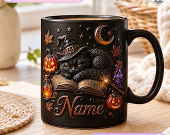 Personalized Witch Cat Mug, Black Cat Spellbook Design, Gothic Cat Coffee Mug, Halloween Night Gift, Witch Hat Pumpkin Potion