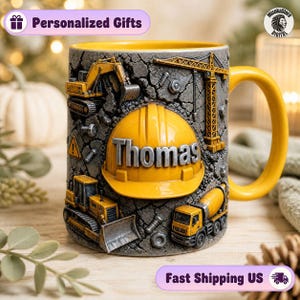 Mug personnalisé pour ouvrier du bâtiment, motif grue et excavatrice, mug pour ouvrier du bâtiment avec casque de chantier, cadeau pour entrepreneur, nom d'entrepreneur