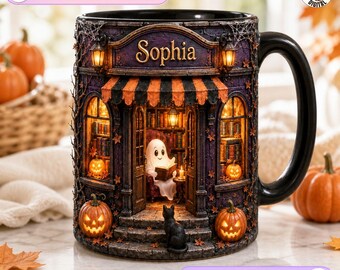 Personalized Ghost Reading Mug, Halloween Book Lover Design, Bookshop Coffee Mug, Spooky Book Lover Gift, Custom Name Cat