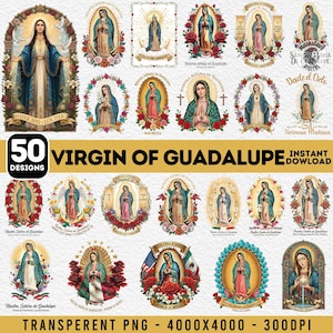 Puede incluir: Una colección de 50 diseños de la Virgen de Guadalupe. Las imágenes muestran a la Virgen María en diversas poses, rodeada de arreglos florales y símbolos religiosos. Los diseños están disponibles como archivos PNG transparentes.