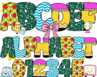 School Alphabet Png Bundle, 4 PNG Hand Drawn Font, Back To School Png, School Letters Png, Kids Letters Png Bundle, Teacher Life Png