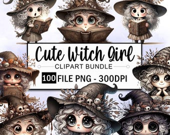 Paquete de imágenes prediseñadas de brujas de Halloween, imágenes prediseñadas PNG de brujas lindas en acuarela, imágenes prediseñadas de calabazas, imágenes PNG de brujas en laboratorios de pociones, imágenes prediseñadas espeluznantes, 100 imágenes PNG