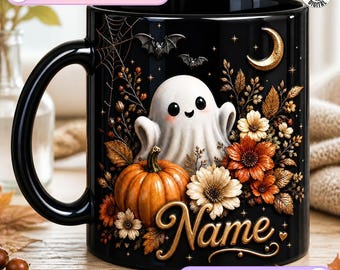 Personalized Ghost Floral  Mug, Cute Ghost Floral Design, Cute Spooky Coffee Mug, Fall Ghost Gift, Black Halloween Flower Bouquet