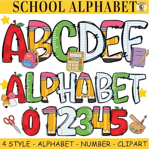 Może przedstawiać: Cyfrowy zestaw graficzny zatytułowany SCHOOL ALPHABET zawierający litery od A do F oraz cyfry od 0 do 5, zaprojektowany z motywami szkolnymi, takimi jak ołówki, papier w linie i jabłka. Zawiera ikony plecaka, kalkulatora, książki, nożyczek i palety.