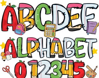 School Doodle Png Bundle, 4 PNG School Letters, Back To School Png, Teacher Alphabet Png, Preppy Student Png Bundle, Teacher Life Png