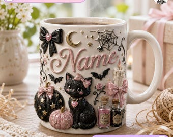 Personalized Witchy Cat Mug, Pink Gothic Halloween Design, Black Cat Potion Coffee Mug, Halloween Cat Gift, Pink Pumpkin