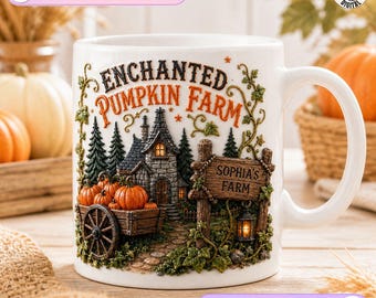 Personalized Pumpkin Farm Mug, Enchanted Cottage Design, Autumn Pumpkin Coffee Mug, Fall Harvest Gift, Custom Name Farmhouse