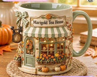 Personalized Tea House Mug, Fall Flower Storefront Design, Marigold Tea House Coffee Mug, Cozy Autumn Gift, Custom Name Storefront