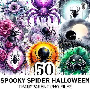 Spooky Spider Clipart Bundle, 50 PNG Gothic Spider, Spider Halloween Clipart, Halloween Png, Creepy Cute Clipart, Spider Silhouette Png