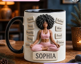Custom Name Black Woman Yoga Mug, Strong Beautiful Black Design, Afro Affirmation Coffee Mug, Woman Empowerment Gift, Melanin Queen Name