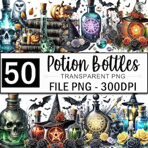 May include: A digital collection of 50 potion bottles in transparent PNG format at 300 DPI. The imagery features glass bottles with glowing pentagrams, skulls, pumpkins, black witch hats, bats, and colorful roses in various shades of red, yellow, and black.