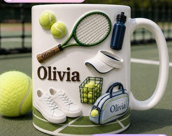 Tennis Racket Name Court Mug, Green Ball Visor Coffee Mug, Tennis Player Gear Bag Mug, Sport Court Sneaker Mug, Tennis Player Gift