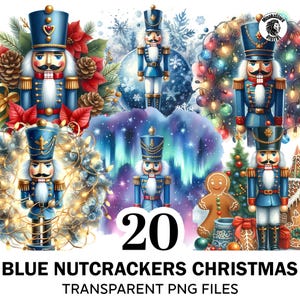 May include: A collection of 20 blue nutcracker Christmas transparent PNG files. The image features several blue nutcrackers with gold accents, set against a festive backdrop of Christmas lights, gingerbread men, and winter scenes.