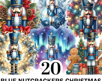 May include: A collection of 20 blue nutcracker Christmas transparent PNG files. The image features several blue nutcrackers with gold accents, set against a festive backdrop of Christmas lights, gingerbread men, and winter scenes.