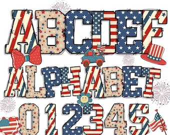 American Alphabet Png Bundle, 4 PNG Patriotic Doodle, 250th Anniversary Png, Flag Letter Png, 4th Of July Png Bundle, Red White Blue Png