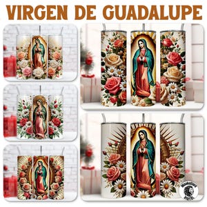 Pode incluir: Vários copos de aço inoxidável com a imagem da Virgem de Guadalupe, rodeados por rosas e margaridas. Os copos têm um fundo branco e são adornados com uma palhinha. O texto "VIRGEN DE GUADALUPE" está no topo.