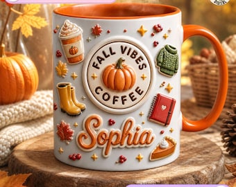 Custom Name Fall Vibes Mug, Personalized Autumn Coffee Design, Pumpkin Spice Coffee Mug, Fall Season Gift, Cozy Sweater