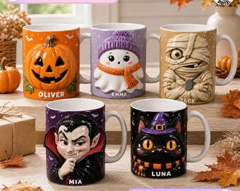 Personalized Halloween Kids Mug, Pumpkin Ghost Mummy Design, Custom Name Coffee Mug, Trick or Treat Gift, Vampire Black Cat