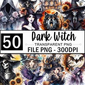 Paquete de imágenes prediseñadas de bruja gótica, imágenes prediseñadas PNG de bruja oscura, imágenes prediseñadas de magia fantástica, imágenes PNG de brujas, imágenes prediseñadas de Halloween, 50 diseños PNG