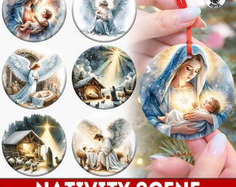 Paquete de más de 20 adornos navideños con escenas del Nacimiento, paquete de PNG festivos, PNG de adornos navideños, PNG de Navidad, uso comercial.